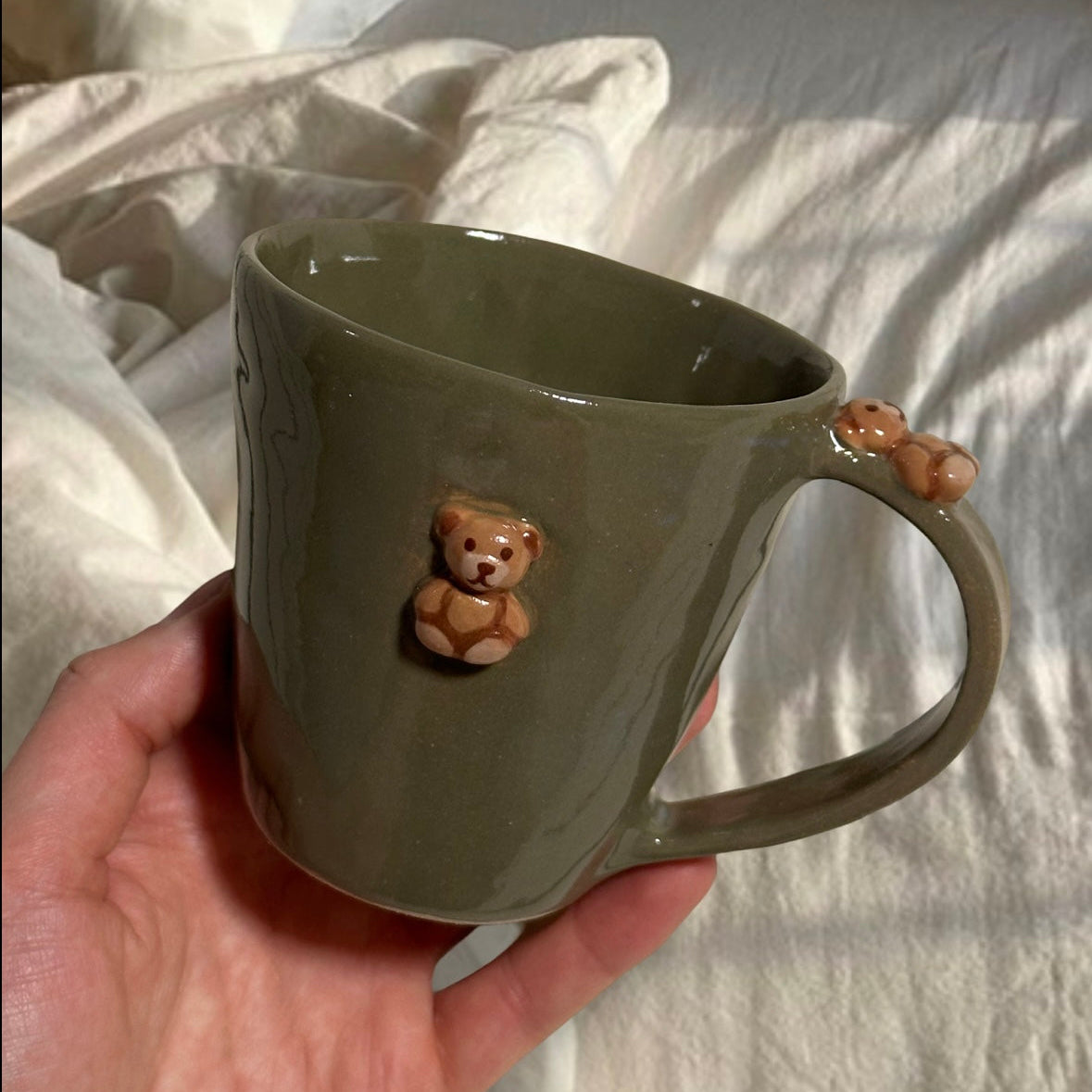 Handmade Olive Green Teddy mug