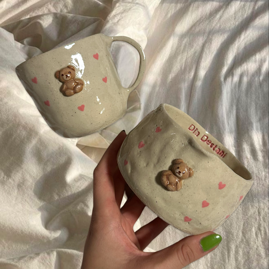 Handmade teddy and hearts matcha set
