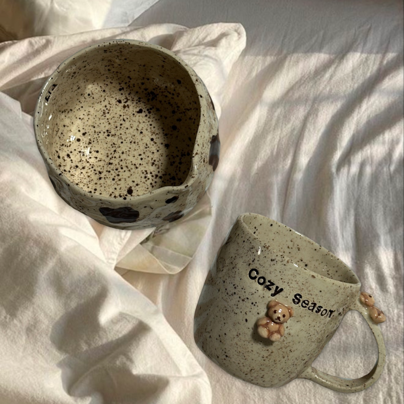 Handmade matcha set with cow print bowl and cozy season mug
