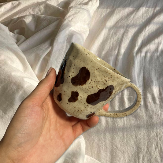 Handmade cow print brown mug with handle