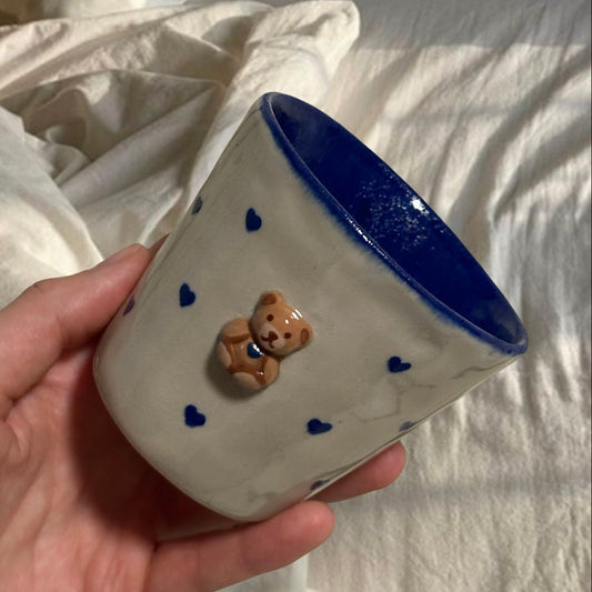 Handmade Teddy & Blue Hearts cup