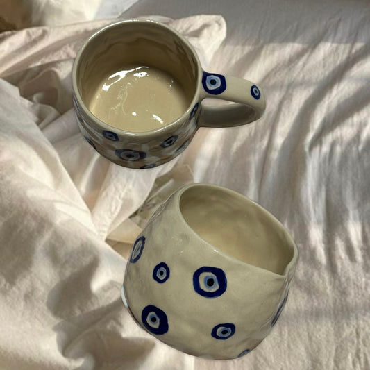 Dark Blue Evil Eye Matcha Set (Chunky Mug) — Ready to Ship