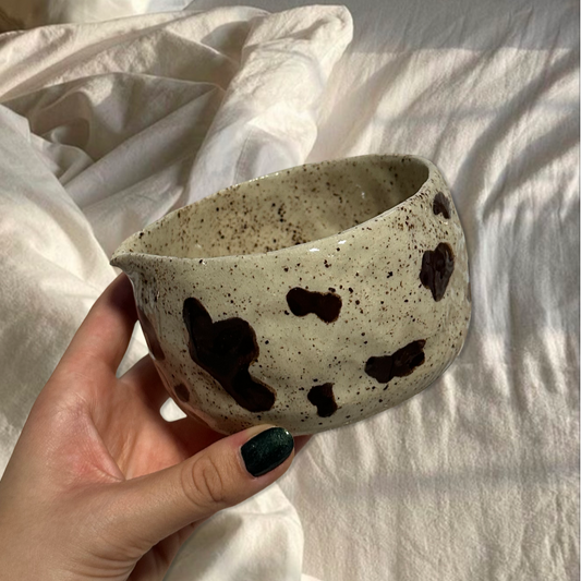 Handmade brown cow print matcha bowl