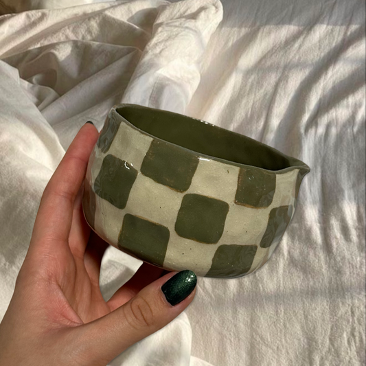Handmade green checkered matcha bowl