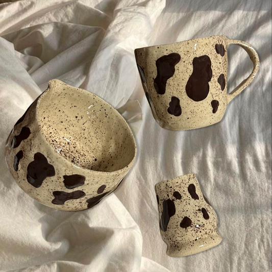 Handmade cow print matcha set