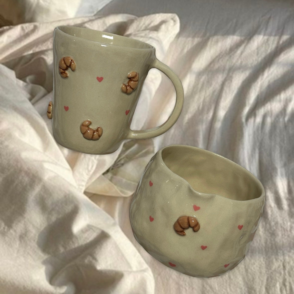 Croissant Matcha Set with Pink Hearts (Girly Set) — Ready to Ship