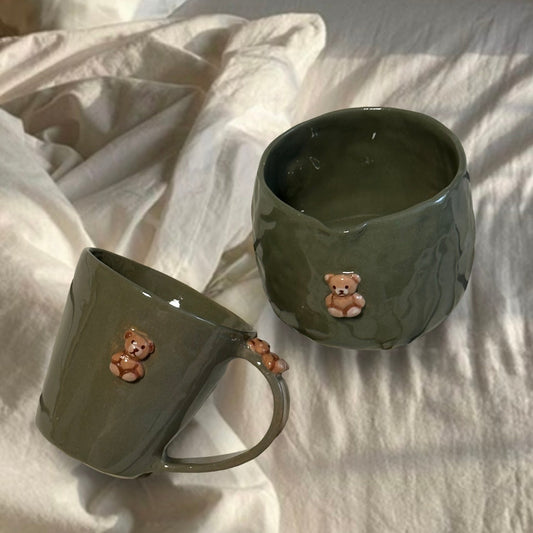 Handmade Olive Green Teddy Matcha set