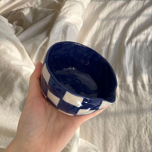 Handmade dark blue checkered matcha bowl